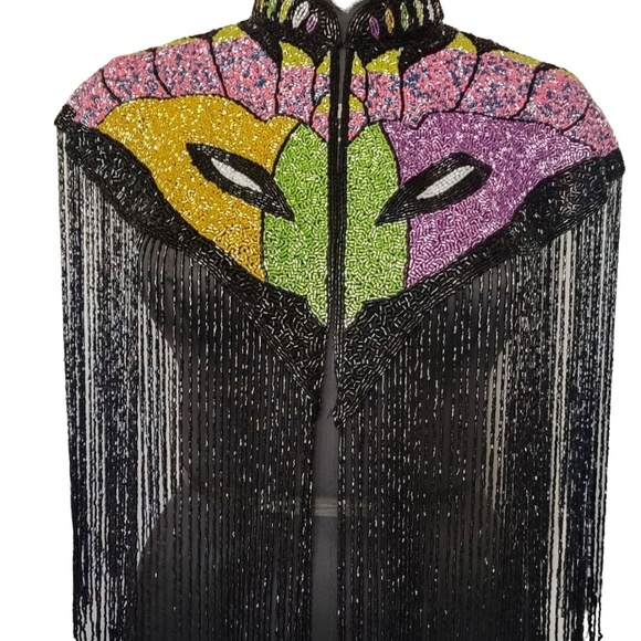 L'Jai Amor Tops - New Orleans NOLA Mardi Gras Mask Design Hand Beaded Fringe Cape